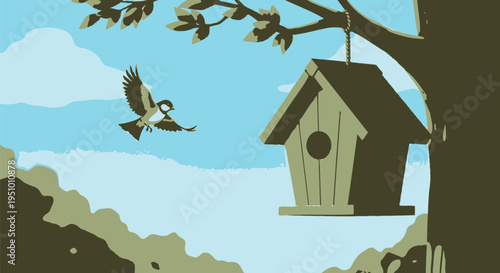 A charming cartoon illustration depicts a small bird flying gracefully towards a cozy wooden birdhouse hanging from a sturdy tree branch under a bright blue sky.