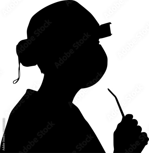 Silhouette of a healthcare worker wearing a face mask and headlamp holding a diagnostic swab tool in profile view