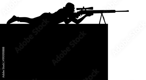 Black Silhouette of a Sniper with Rifle and Scope Lying Prone on a Rooftop