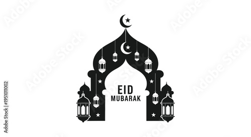 An elegant black islamic archway with hanging lanterns and a crescent moon a stunning silhouette