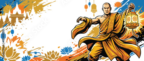Vesak Day Celebration Monk Holding Lantern with Buddhist Temples Background