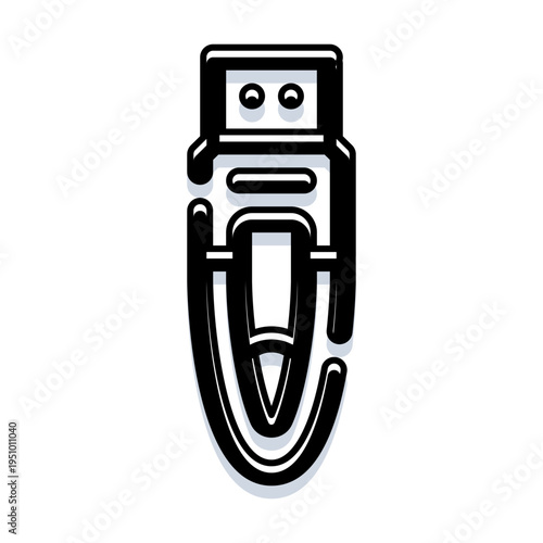 Usb flash drive icon with a cute smiling face symbolizing portable data storage, information transfer and modern tech, simple black and white line art isolated on white background