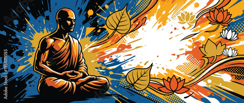 Meditation Monk Silhouette Vesak Buddhist Theme Dynamic Abstract Design