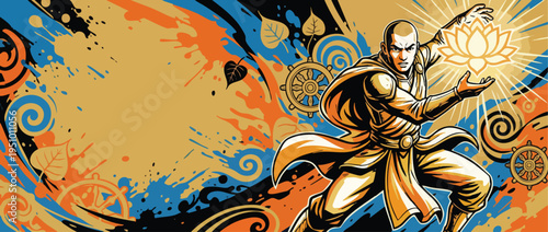 Vesak Day Celebratory Art with Monk Buddha Lotus Flower Bodhi Leaf Symbol