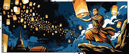 Vesak Scene with Monk Releasing Floating Lanterns at Night