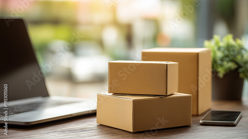 段ボール箱とノートパソコン オンラインショップの発送と物流イメージ