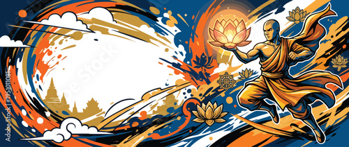 Vesak Day Celebration Monk Holding Glowing Lotus Flower with Abstract Background