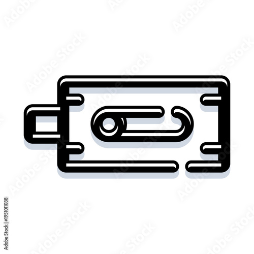 Safety pin securing a business card or tag, symbolizing organization, fastening, security, connection, holding, and attachment in a simple, flat vector icon style