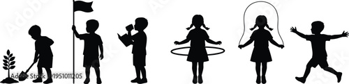Children activity silhouettes showing kids planting tree, reading book, jumping rope, playing with hoop and celebrating with flag, active childhood lifestyle vector illustration set