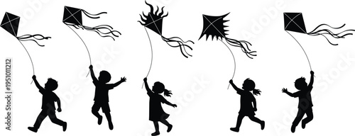 Children flying kites silhouettes set showing kids running and playing outdoors with different kite shapes, joyful childhood activity and outdoor recreation vector illustration collection
