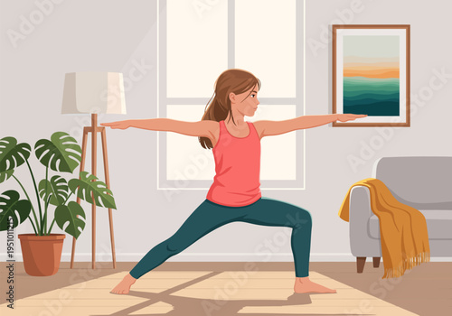 Woman doing forward lunge exercise at home