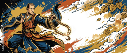 Buddhist Monk Holding Prayer Beads Against Abstract Vesak Background