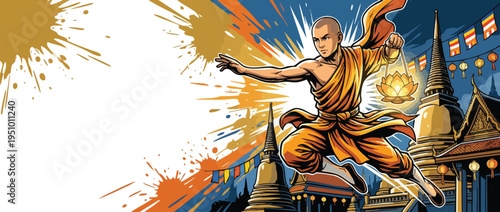 Monk in Dynamic Pose Holding Lotus Lantern During Vesak Buddhist Celebration