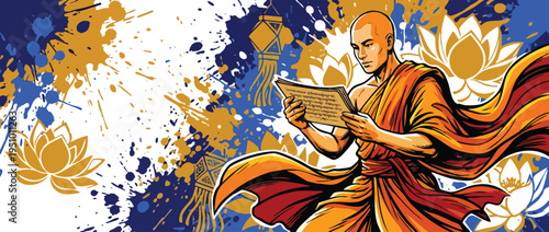 Vesak Monk Reading Scriptures Dynamic Heroic Pose Celebration Theme