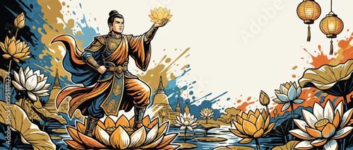 Vesak Scene with Man and Lotus Flowers Buddhist Celebration Theme