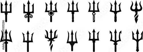Collection of trident icons set, black silhouette trident symbols, mythological weapon symbol, Poseidon Neptune trishul shapes, ocean god spear vector design isolated on white background