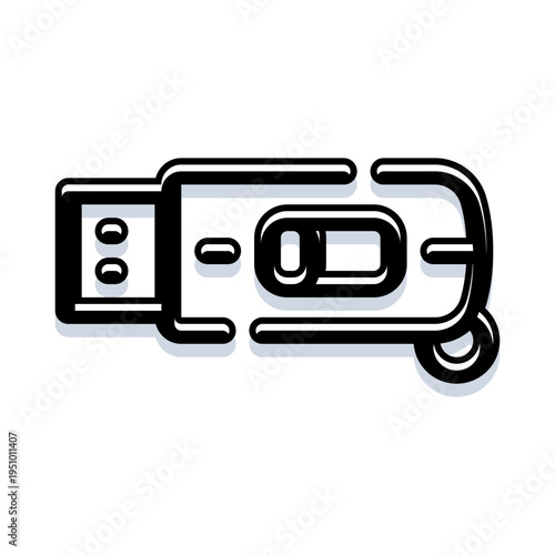 Usb flash drive icon with bold outline and drop shadow, representing portable data storage, file transfer, backup and connectivity for web, app and ui design on white background