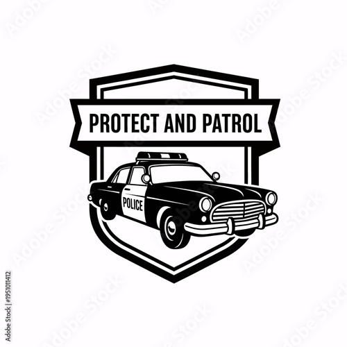 Police car with Protect and Patrol badge logo, law enforcement symbol