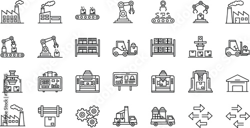 Industrial manufacturing and factory automation line icon set featuring robotics assembly lines, warehouse storage, delivery trucks and production technology