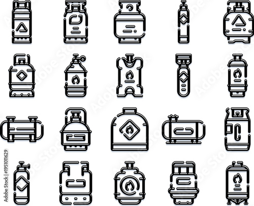 Gas cylinder and tank vector icons representing energy storage, fuel, and warning symbols for propane or butane, suitable for various industrial and household applications