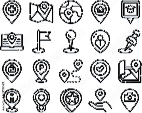 Set of numerous outlining map pin icons delineating various businesses, services, and concepts related to travel, navigation, destination tracking, and point of interest