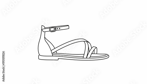 Minimalist Black and White Line Art of a Flat Sandal with Ankle Strap
