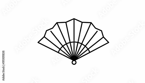 Minimalist black and white line art of a Japanese folding fan, elegant and simple design