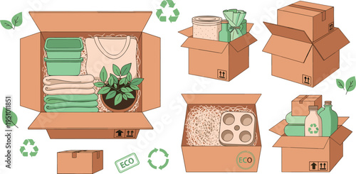 Eco Friendly Packaging Set with Recyclable Cardboard Boxes, Paper Bags, Glass Bottles and Sustainable Packing Materials Vector Illustration