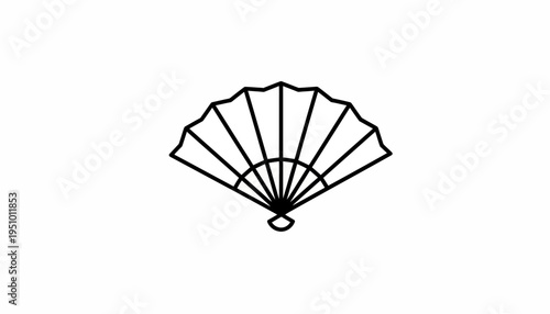 Minimalist black line art of a traditional Japanese folding fan on a white background