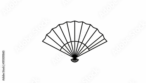 Minimalist Black Outline of a Japanese Folding Fan on White Background
