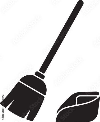 Black Minimalist Broom and Dustpan Icon - Vector Illustration of Cleaning Tools for Housekeeping, Janitorial Services, and Home Maintenance Isolated on White Background