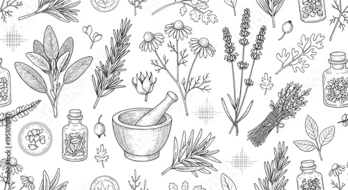 Vintage herbal medicine botanical vector pattern featuring hand drawn lavender, chamomile, rosemary, apothecary jars and mortar pestle medicinal plants