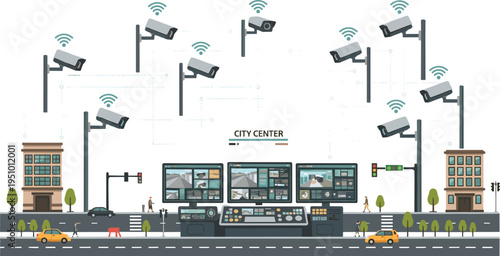 Smart City Surveillance System with Networked CCTV Cameras Monitoring Urban Streets, Traffic and Buildings Security Control Vector Illustration