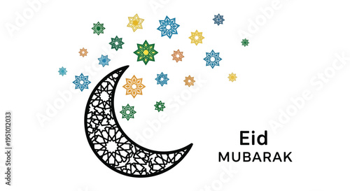 A crescent moon with decorative stars and the text Eid Mubarak forming a festive design silhouette
