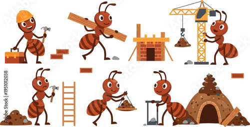 Cartoon Ant Builders Construction Set with Brick House, Crane, Tools and Worker Characters Funny Insect Vector Illustration