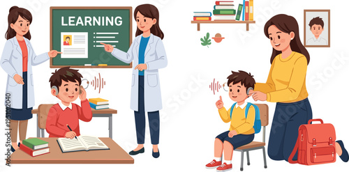 Child Hearing Test and Learning Support with Teacher and Parent Helping Student Improve Listening Skills Education and Healthcare Vector Illustration