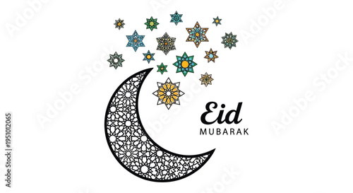 Colorful starbursts and a crescent moon celebrate the islamic eid al fitr holiday silhouette high quality professional