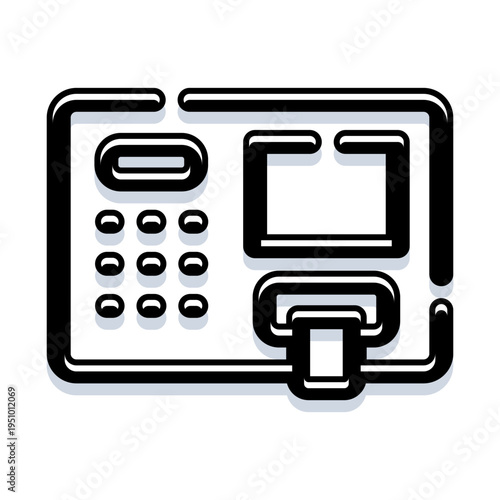 Automated teller machine with screen, keypad and card slot for self service cash withdrawals, deposits and secure financial transactions for personal and retail banking access