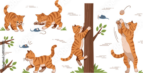 Cute Cartoon Cats Hunting and Playing Set with Kittens Catching Mice, Climbing Tree and Outdoor Animal Behavior Vector Illustration