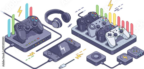 Gaming Accessories Set with Game Controllers, Headphones, Charging Dock and Portable Devices Video Game Equipment Vector Illustration