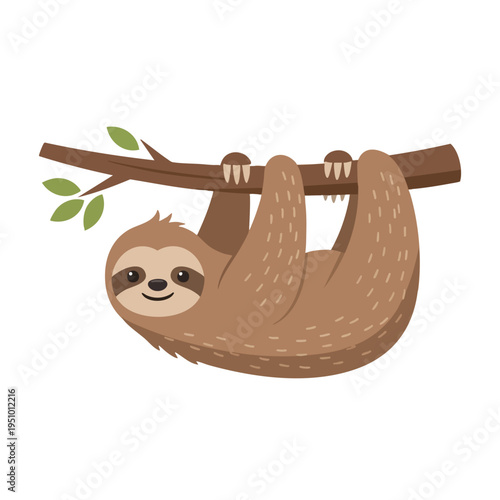 Cute, smiling sloth hanging upside down from a brown tree branch with green leaves