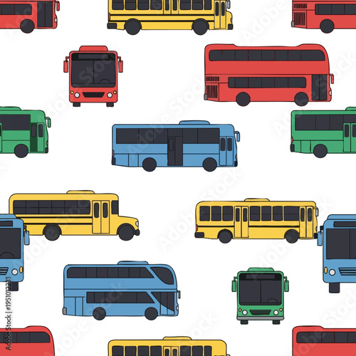 A whimsical pattern of various colored buses on a white background