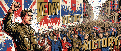 Victory in Europe Day Celebration with Cheerful Crowd and Soldier