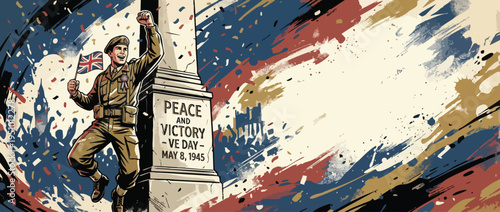 Victory Day Soldier Celebrating Peace with British Flag and Confetti