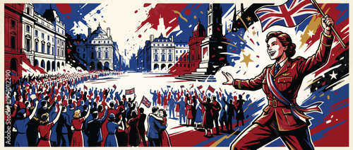 Victory Day Celebration with Crowds and Woman Waving Union Jack Flag