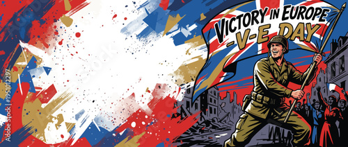 Soldier Holding Union Jack Flag Celebrating Victory in Europe Day