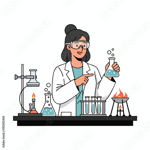 Scientist in lab coat and goggles experiments with liquids in flasks and test tubes