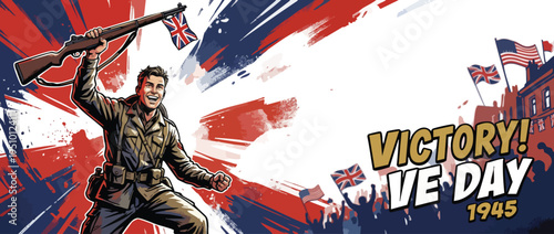 Victory Soldier Celebrating in Dynamic Heroic Pose During Ve Day Celebration