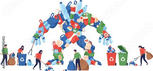 Recycling Concept with People Collecting Plastic Waste and Sorting Garbage into Recycling Bins Environmental Protection Vector Illustration