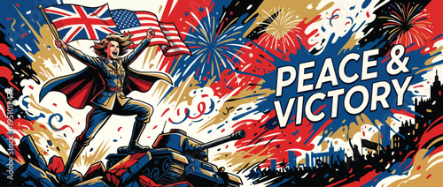 Victory Day Celebration with Soldier Raising Flags over Tank